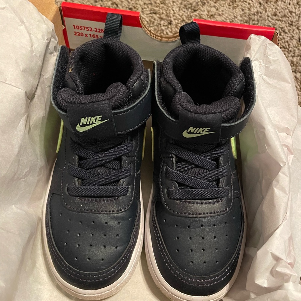 Nike Court Borough Mid 2 (TDV) Dark Obsidian/Lime Blast - kids size 9